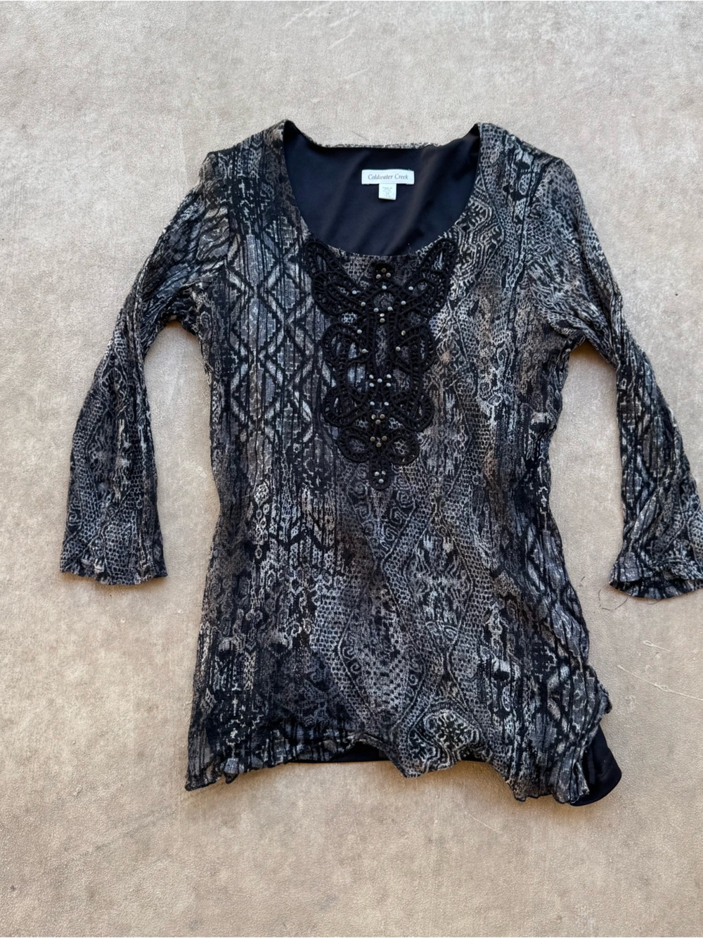 Coldwater Creek Black and Gray Lace-Accent Layered Tunic